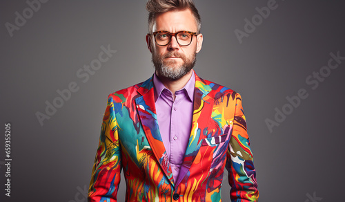 Modern and eccentric man, dressed in a very colorful blazer. AI generated
