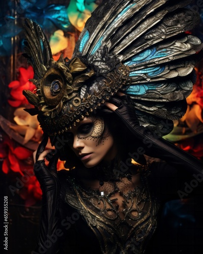 A mysterious woman adorned in a vibrant, psychedelic feathered headdress and halloween masque captivates onlookers with her eye-catching clothing