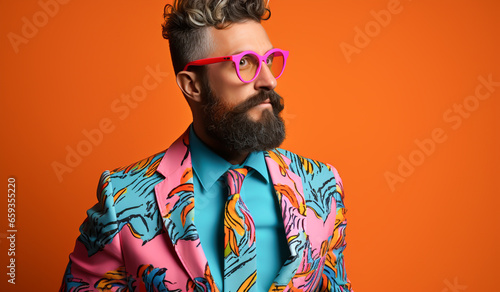 Modern and eccentric man, dressed in a very colorful blazer. AI generated