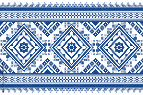 Indigo navy blue geometric traditional ethnic pattern Ikat seamless pattern border abstract design for fabric print cloth dress carpet curtains and sarong Aztec African Indian Indonesian