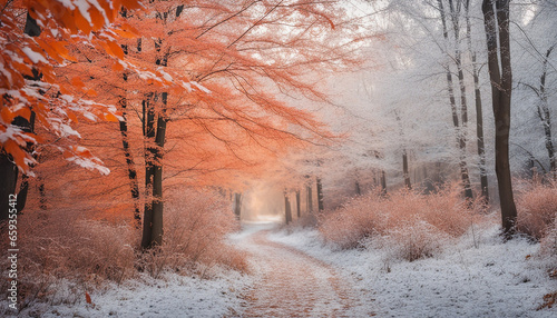 Beautiful colorful nature with bright orange leaves covered with frost in late autumn or early winter © richard