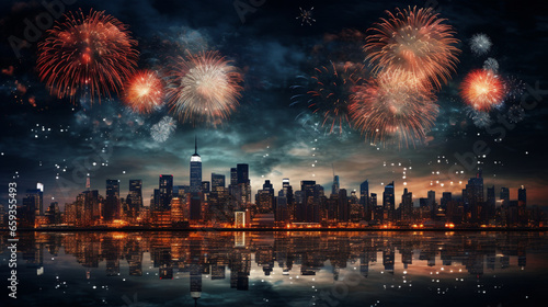 新年の花火と大都会の夜景