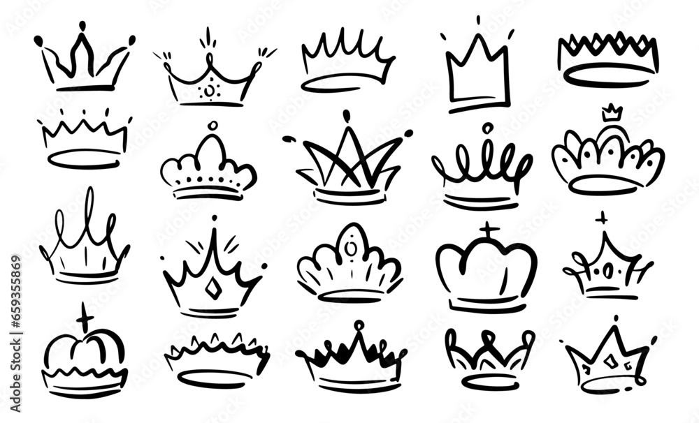 Doodle crowns linear icons set. Line art king or queen crown sketch. Royal head accessories collection. Fellow crowned heads tiara, diadem and luxurious decals vector illustration hand drawn doodles