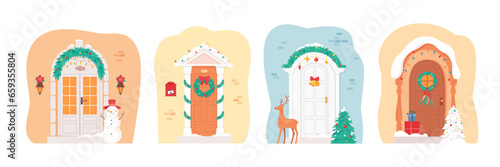 Christmas front house doors collection decorated for holiday. Traditional xmas georgian winter home decoration with wreath, garland, deer, gifts. Flat vector illustration isolated on white background