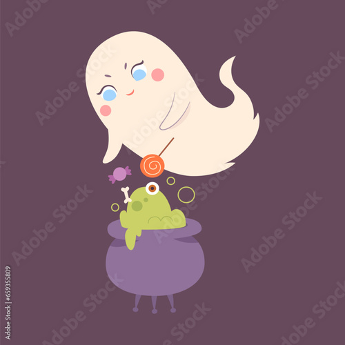 Cute Halloween ghost character brewing a potion in a pot, pleasant charming adorable creature. Funny magic kawaii demon, mystery creative nowadays vector clipart
