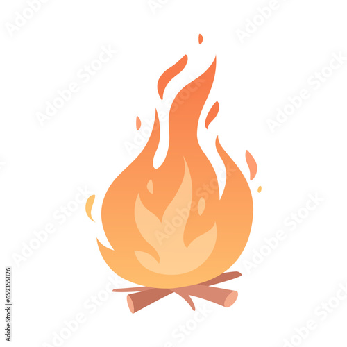 Burning bonfire with wood isolate on white. Fire or campfire icon. Fireplace for warming, cooking in forest camp. Touristic symbol. Hiking and trekking adventure design. Vector illustration