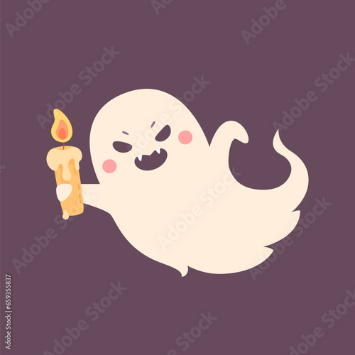 Cute Halloween ghost character with candle, spooky expression creature. Funny scary magic kawaii demon, mystery creative nowadays vector clipart