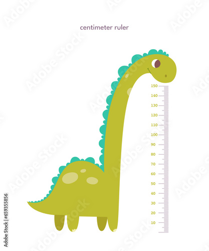 Kids height ruler in centimeters with dinosaur for growth measure. Cute cartoon cheerful tall animal vector illustration isolated on white background. Children wall sticker for kindergarten or home
