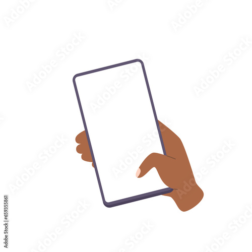 Hand hold vertically mobile phone with blank screen. Right dark-skinned arm is touching smartphone display with thumb finger. Phone mockup. Flat cartoon vector illustration