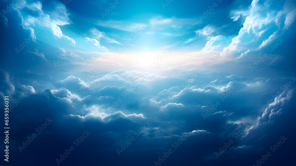 Abstract background for presentation with beautiful highlights and shadows, volumetric light, blue sky with clouds