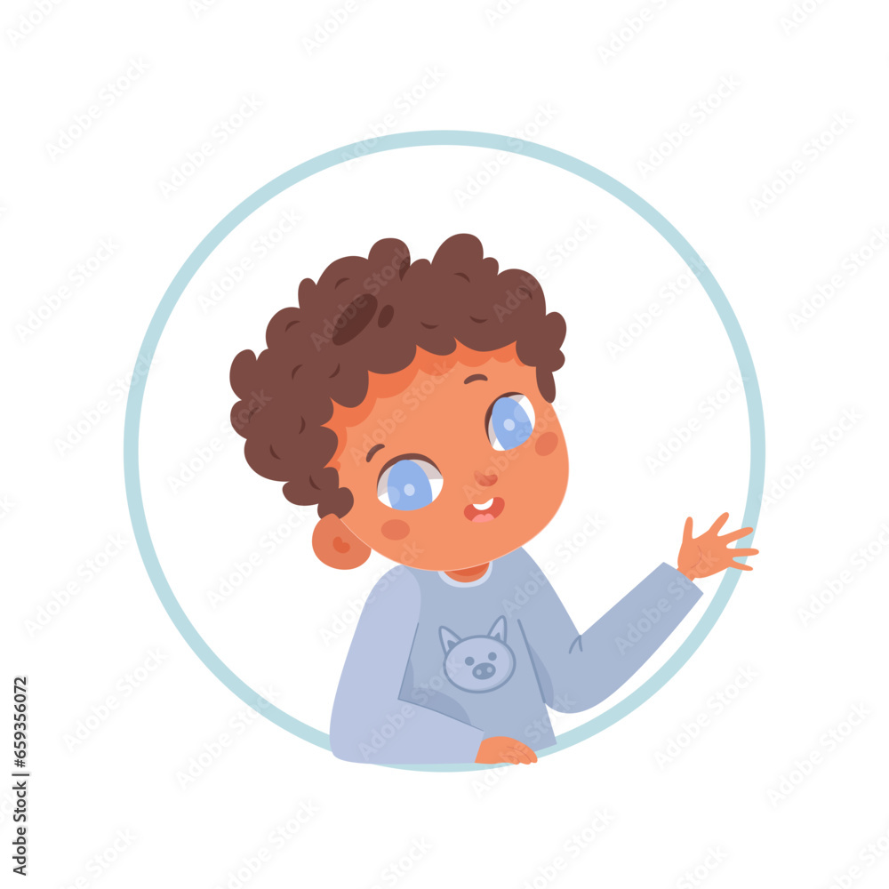 Avatar of serious and thoughtful boy. Child face character icon. Colorful cartoon flat vector illustration isolated on white background. A dark-skinned kid with raised hand speaks with friends Avatar of serious and thoughtful boy. Child face character icon. Colorful cartoon flat vector illustration isolated on white background. A dark-skinned kid with raised hand speaks with friends