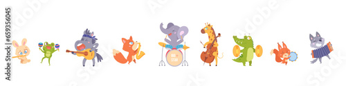 Cute animals musicians play music set, funny baby elephant bunny frog crocodile fox wolf