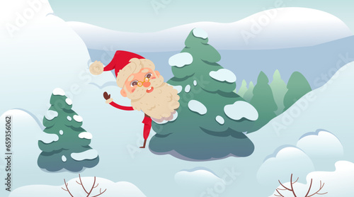 Happy Santa Claus peeking out from behind pine tree in cute Christmas landscape with snow