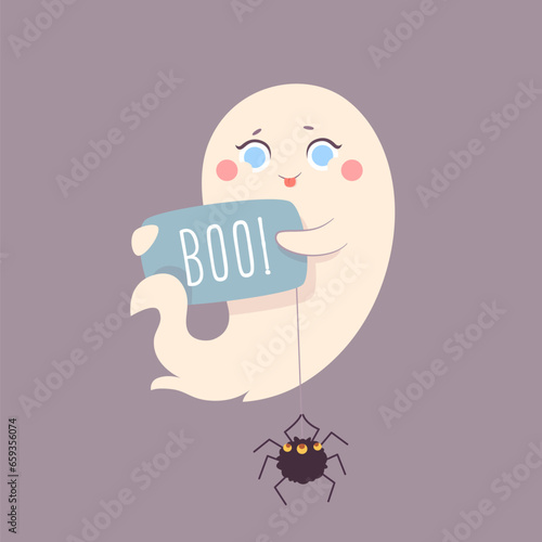 Cute Halloween ghost character with a spider, pleasant charming adorable creature. Funny magic kawaii demon, mystery creative nowadays vector clipart