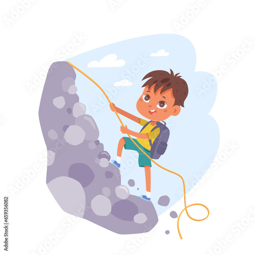 Child mountain climb cartoon illustration. Boy with backbag climbs a rope up a rock. Active extreme recreation. Flat vector design. Reaching goal hiking high up