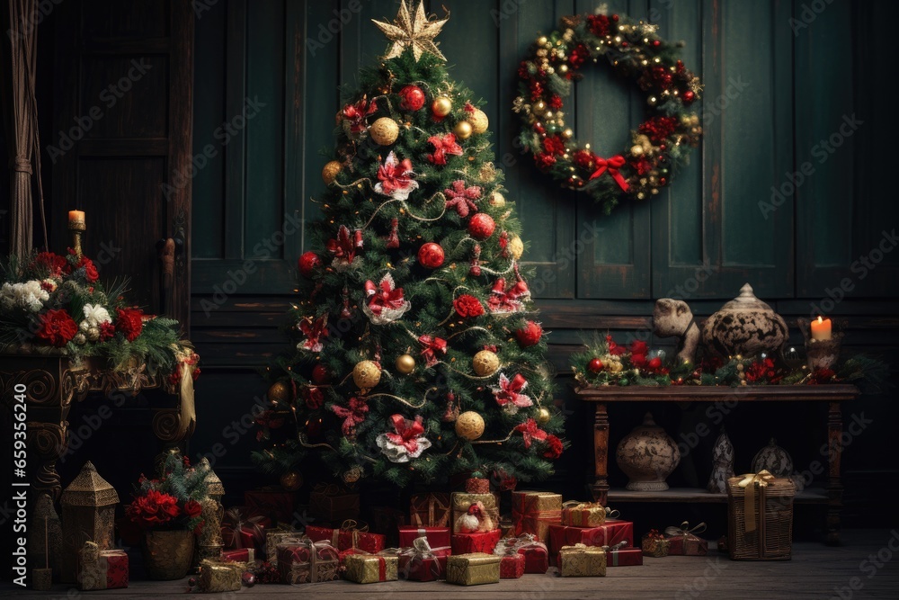 Beautiful Christmas tree with presents in the room. Vintage style, Christmas Tree with Decorations, AI Generated Beautiful Christmas tree with presents in the room. Vintage style, Christmas Tree with Decorations, AI Generated