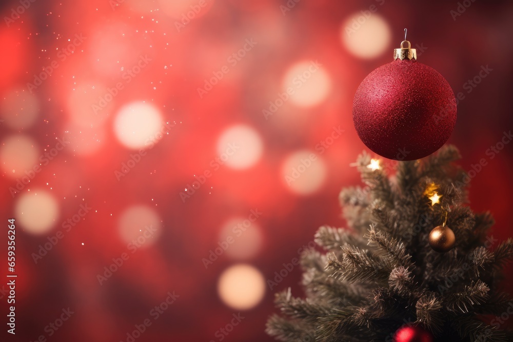 Christmas tree with red ball on bokeh background. Christmas and New Year concept, Christmas Tree With Ornament And Bokeh Lights In Red Background, AI Generated Christmas tree with red ball on bokeh background. Christmas and New Year concept, Christmas Tree With Ornament And Bokeh Lights In Red Background, AI Generated
