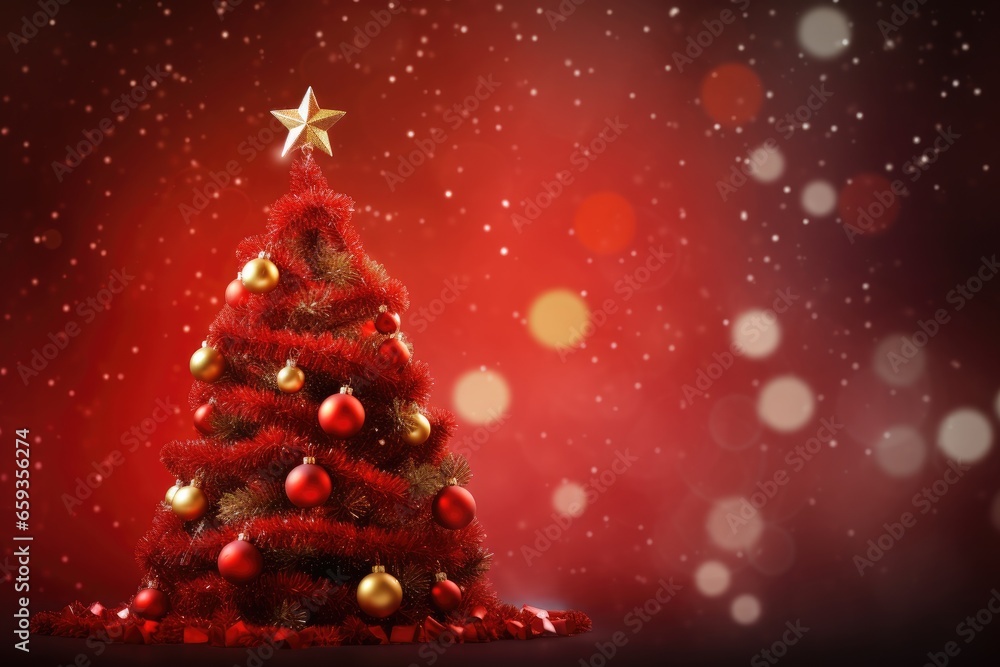 Christmas tree with red balls and golden star on bokeh background, Christmas Tree With Ornament And Bokeh Lights In Red Background, AI Generated Christmas tree with red balls and golden star on bokeh background, Christmas Tree With Ornament And Bokeh Lights In Red Background, AI Generated