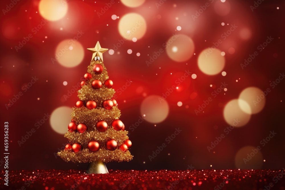 Christmas tree on red bokeh background. 3D illustration, Christmas Tree With Ornament And Bokeh Lights In Red Background, AI Generated Christmas tree on red bokeh background. 3D illustration, Christmas Tree With Ornament And Bokeh Lights In Red Background, AI Generated