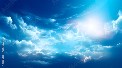 Abstract background for presentation with beautiful highlights and shadows, volumetric light, blue sky with clouds © Alexandr