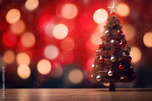 Christmas tree with bokeh background. Christmas and New Year concept, Christmas Tree With Ornament And Bokeh Lights In Red Background, AI Generated