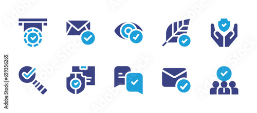 Checkmark icon set. Duotone color. Vector illustration. Containing protection, staff, hypoallergenic, check, sight, conversation, message, package, medal, magnifying glass.