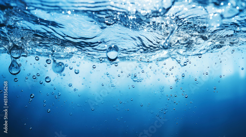Blurry blue water surface with bubbles and splashes Nature background with sunlight and space for text
