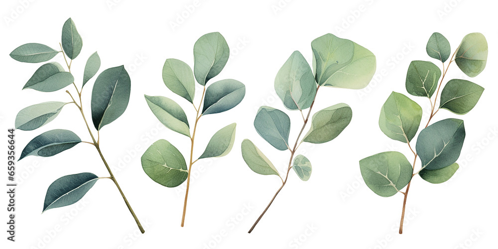 watercolor drawing, set of eucalyptus leaves. delicate illustration