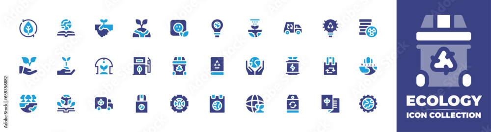 Ecology icon collection. Duotone color. Vector and transparent illustration. Containing eco, leaves, forest, eco friendly, eco fuel, eco bag, recycling truck, hydrogen, recycling, light bulb, recycled