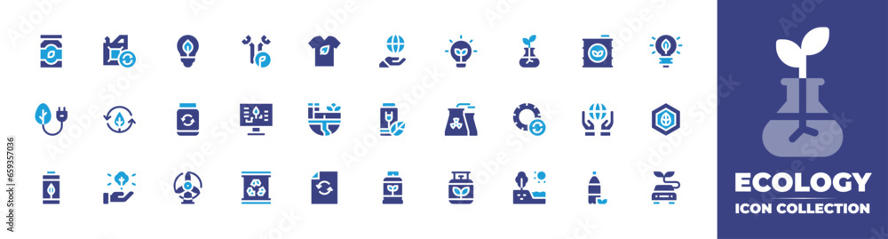 Ecology icon collection. Duotone color. Vector and transparent illustration. Containing eco packaging, eco fuel, eco, ecology, eco battery, factory, paper sheet, renewable energy, recycling, windmill.