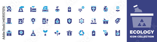 Ecology icon collection. Duotone color. Vector and transparent illustration. Containing eco tag, ecology, eco house, eco bag, recycling, sprout, battery, recycling bin, electric plug, ecologist.