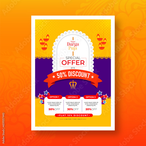 Durga Puja Offer Poster Design Layout Template, Festival Offer A4 Poster Design Template	