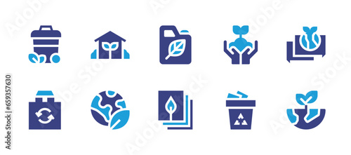 Ecology icon set. Duotone color. Vector illustration. Containing eco house, plant, recycle bag, recycle can, planet earth, biodegradable, recycling, chat, sprout, jerrycan.