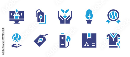 Ecology icon set. Duotone color. Vector illustration. Containing eco tag, ecology, label, battery, planet earth, recycle, plant, badge, clothing, sprout.