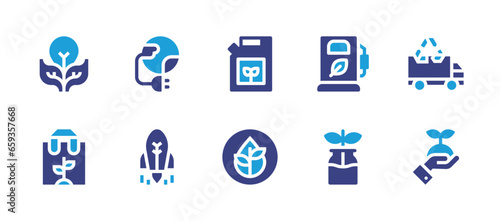Ecology icon set. Duotone color. Vector illustration. Containing world, start up, jerrycan, light bulb, paper bag, gas station, recycle, recycling truck, hypoallergenic, sprout. © Huticon
