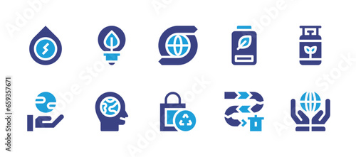 Ecology icon set. Duotone color. Vector illustration. Containing world, water, save the planet, light bulb, consciousness, recycling, resources, battery, flow, biogas.