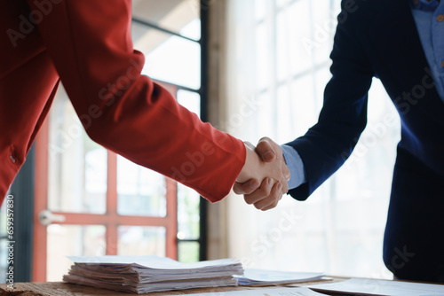 Handshake, contract deal and business partnership of  meeting with shaking hands. Networking, hiring and professional negotiation of onboarding collaboration and congratulations of project