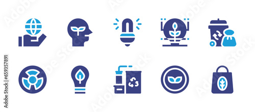 Ecology icon set. Duotone color. Vector illustration. Containing garbage, eco bag, fluorescent light, factory, ecologist, save energy, green energy, badge, world, nuclear energy.