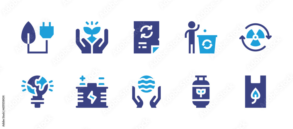 Ecology icon set. Duotone color. Vector illustration. Containing biofuel, green energy, reuse, recycled plastic bag, paper, world oceans day, recycling, sprout, battery.