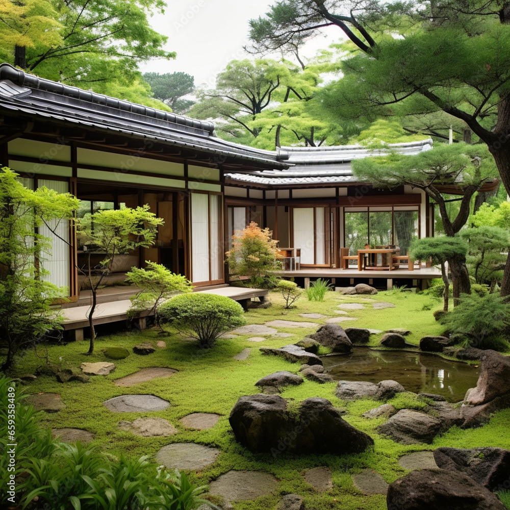 屋根とささやかな庭のある日本家屋