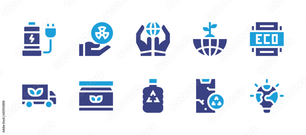 Ecology icon set. Duotone color. Vector illustration. Containing eco packaging, eco, electric station, light bulb, recycle bottle, world, truck, plant, nuclear energy, broken smartphone.