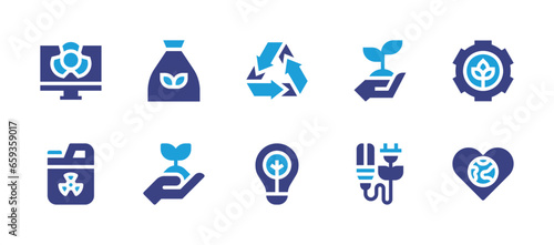 Ecology icon set. Duotone color. Vector illustration. Containing plant  sustainability  eco light  green energy  garbage bag  earth  recycle  nuclear  radioactive.