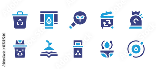 Ecology icon set. Duotone color. Vector illustration. Containing recycle bin, water cycle, bin, garbage, magnifying glass, reuse water, recycling point, recycle, book, decoration.