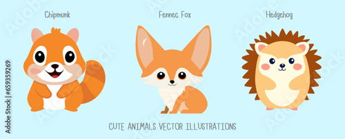 Cute animals wildlife character vector illustrations chip munk fennec fox Hedgehog zoo design for kid 