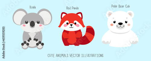Cute animals wildlife character vector illustrations koala red panda polar bear zoo design for kid