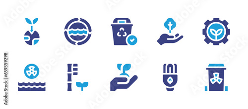 Ecology icon set. Duotone color. Vector illustration. Containing tree, saving, recycling, sustainable, reforestation, bamboo toothbrush, mother earth day, water pollution, dangerous.