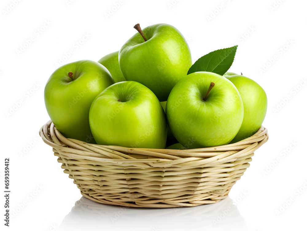 Fresh green apples in a basket, white background Fresh green apples in a basket, white background