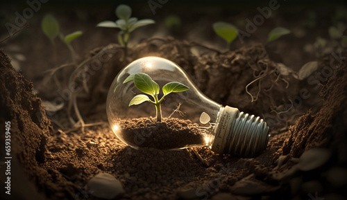 Illuminating a sustainable future, a light bulb planted in soil symbolizes green energy. Ideal for conveying eco-friendly concepts and renewable energy ideas.