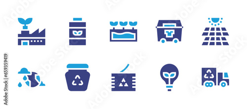 Ecology icon set. Duotone color. Vector illustration. Containing eco factory, eco battery, light bulb, solar panel, recycling, jar, recycle can, truck, hydroponic, world.