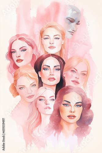 Women faces watercolor illustration horizont © msroster